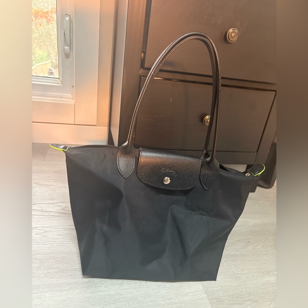 Longchamp Black Tote Bag with Green Accents